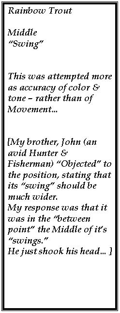 Text Box: Rainbow Trout

Middle 
�Swing�


This was attempted more as accuracy of color & tone � rather than of Movement�


[My brother, John (an avid Hunter & Fisherman) �Objected� to the position, stating that its �swing� should be much wider. 
My response was that it was in the �between point� the Middle of it�s �swings.�
He just shook his head�]

